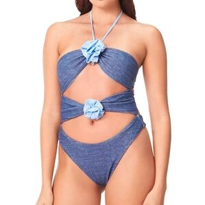 NWT Capiytana Blue Cutout Swimsuit‎ with Floral Accents Size Medium
